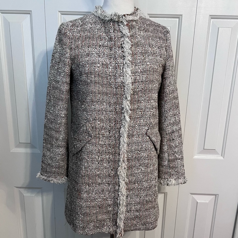 Zara Women's Tweed Blazer with Fringe Detail in red,beige & black.